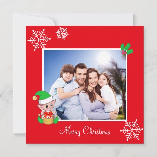 Editable Family Photo  Cute Elf on Red Christmas
