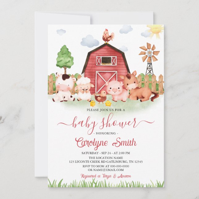 Editable Farm Animals Baby Shower Invitation (Front)