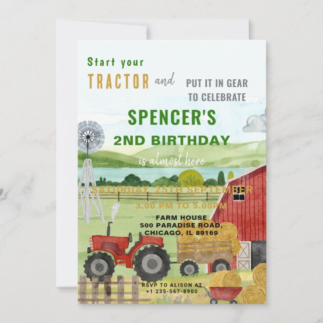 Editable Farm Tractor Birthday Invitation (Front)