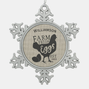 Editable Farmhouse Style Family Farm Eggs Snowflake Pewter Christmas Ornament