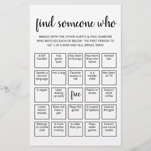 Editable Find Someone Who Game Bingo game