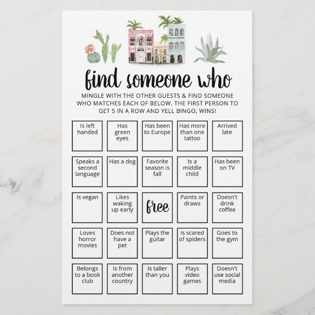 Editable Find Someone Who Game Bingo game (Front)