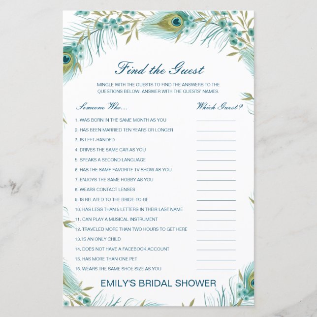 Editable Find the Guest Bridal Shower Game (Front)