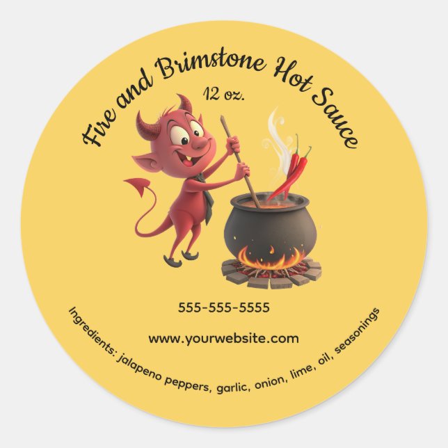 Editable Fire and Brimstone Devil Hot Sauce Classic Round Sticker (Front)