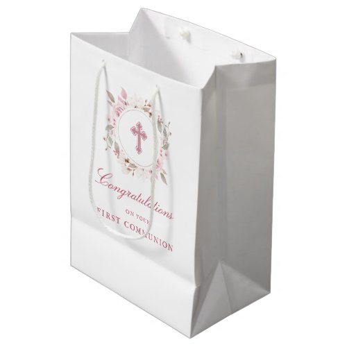 Editable First Communion Pink Flower Cross Medium Gift Bag
