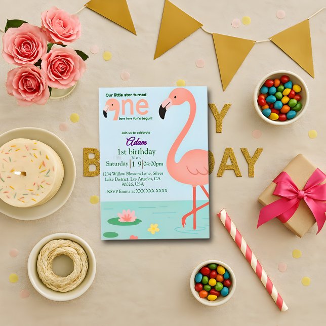 Editable Flamingo First Birthday Invitation (Creator Uploaded)