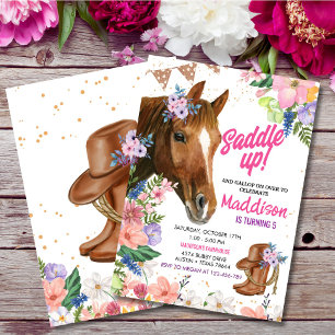 Editable Floral Cowgirl Horse Birthday Invitation