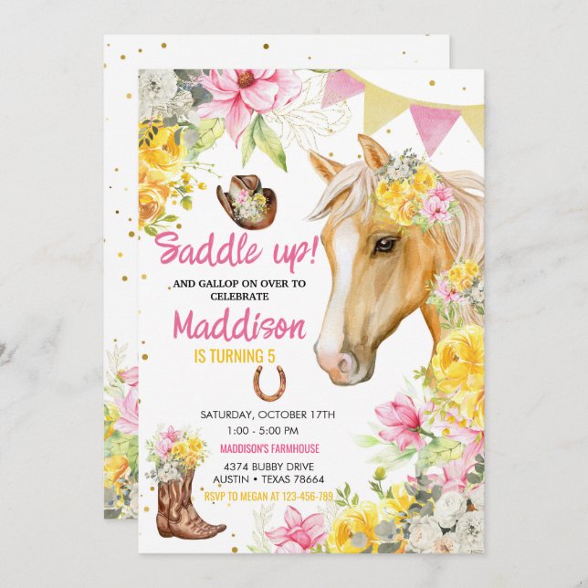 Editable Floral Cowgirl Horse Birthday  Invitation (Front/Back)