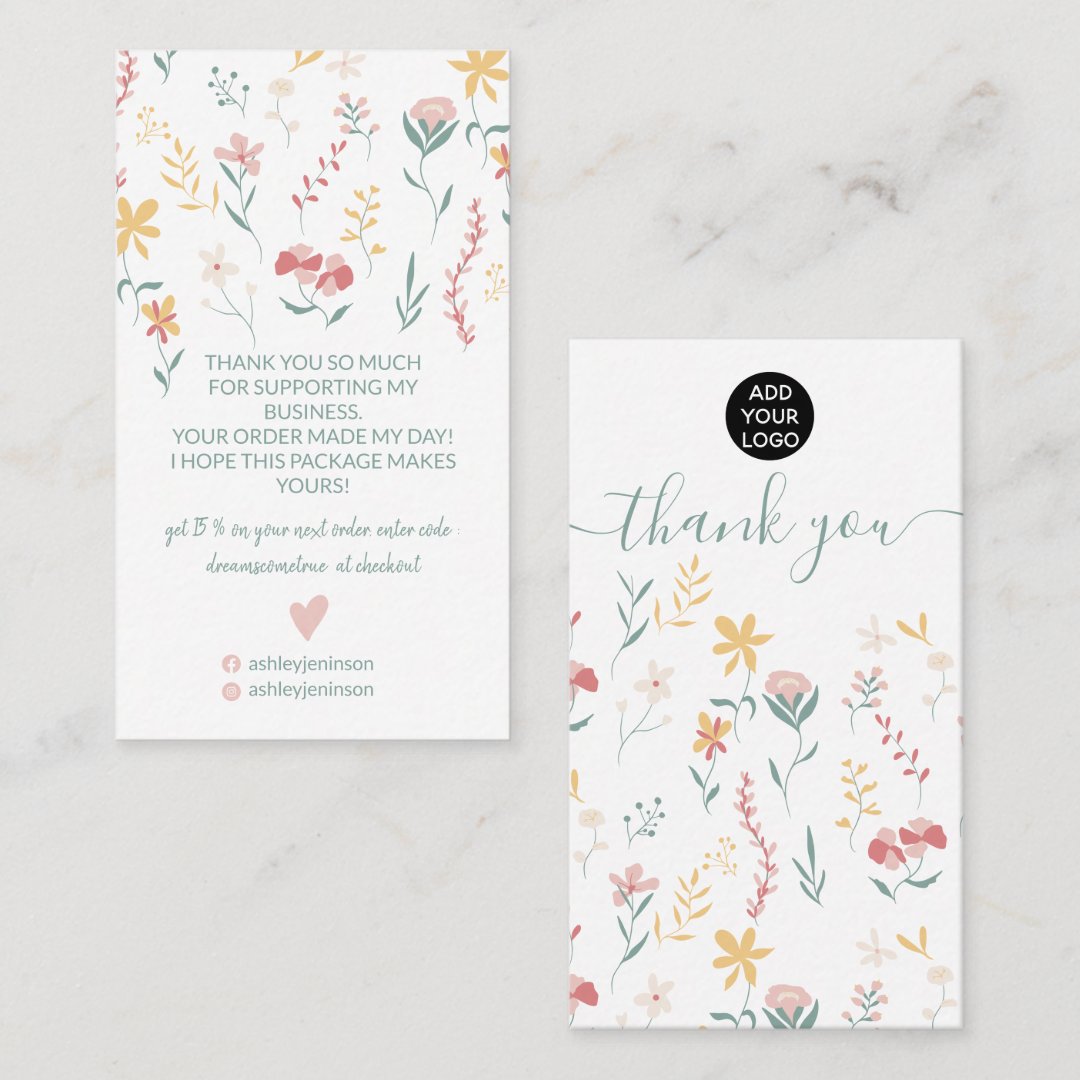 Editable floral cute illustration thank you business card | Zazzle