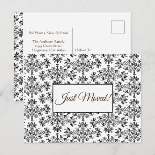 Editable Floral Damask Black On White Just Moved Postcard