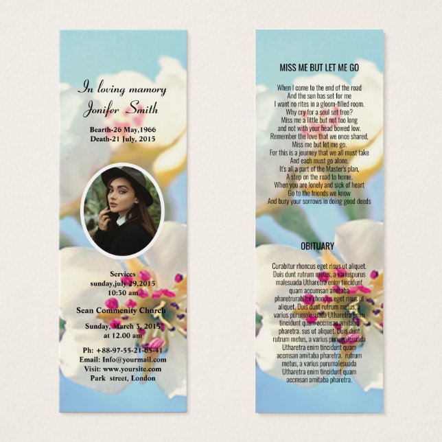 Editable Floral Funeral Bookmark Template (Front & Back)