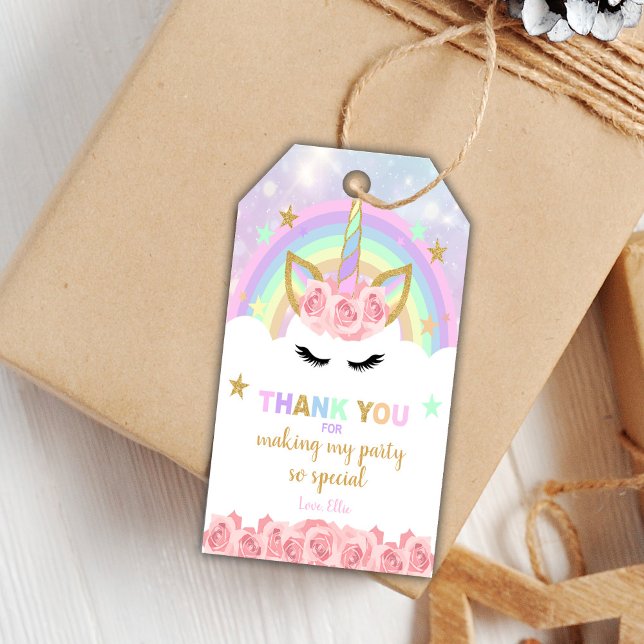 Editable Floral Party Favor Labels (Pink Rose Unicorn Birthday Gift Tags)