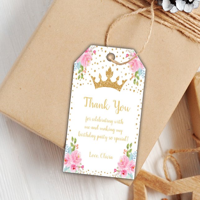 Editable Floral Party Favor Labels (Crown Glitter Floral Princess Birthday Gift Tags)