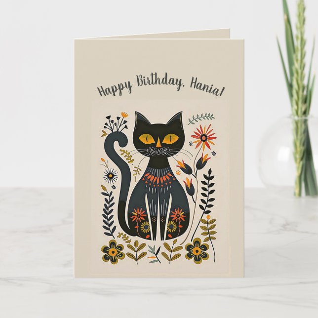 Editable Folk Art Black Cat Birthday Card (Front)