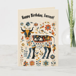 Editable Folk Art Bull and Flowers Card