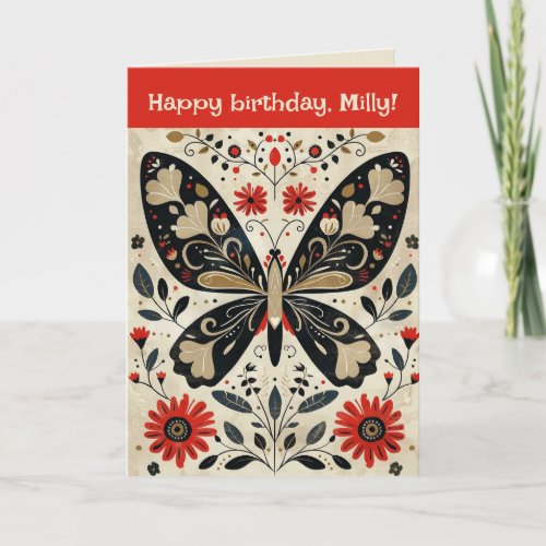 Editable Folk Art Butterfly Birthday  Card