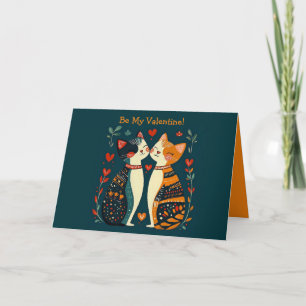 Editable Folk Art Cats Valentine Day Card