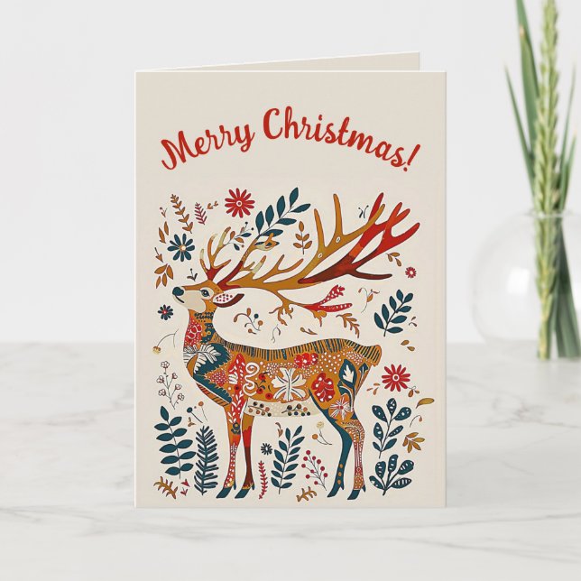 Editable Folk Art Deer Christmas Card (Front)