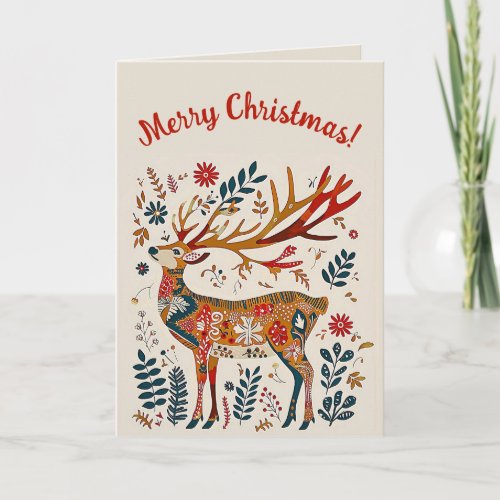 Editable Folk Art Deer Christmas Card