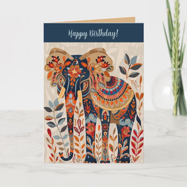 Editable Folk Art Elephant Birthday Card (Front)