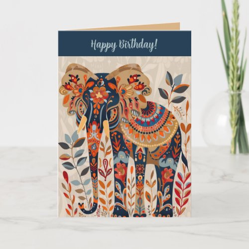 Editable Folk Art Elephant Birthday Card
