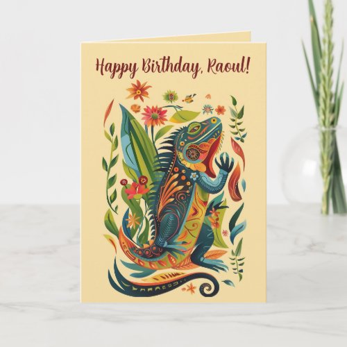 Editable Folk Art Iguana Birthday Card