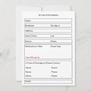 Editable form in case of emergency contact info holiday card