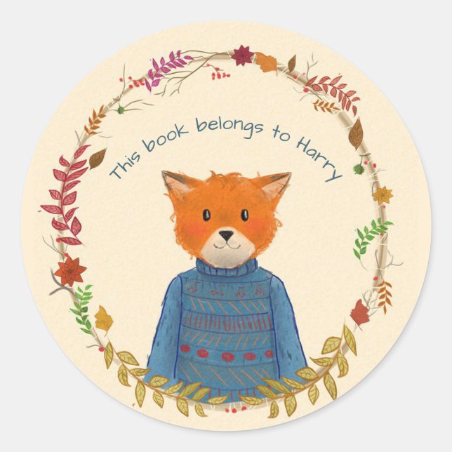 Editable Fox in a Blue Sweater and Wreath Classic Round Sticker (Front)
