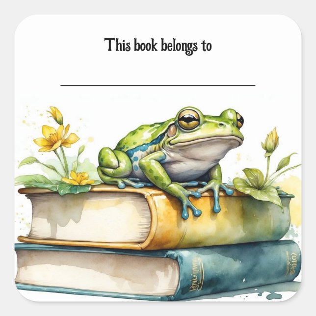 Editable Frog and Books Bookplate Sticker (Front)