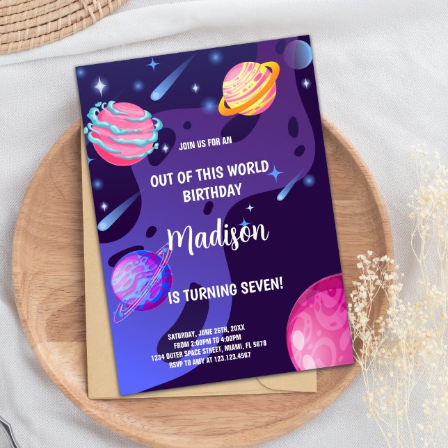 Editable Galaxy Party Cards with Planets & Stars (Purple Planets Outer Space Birthday Invitations)