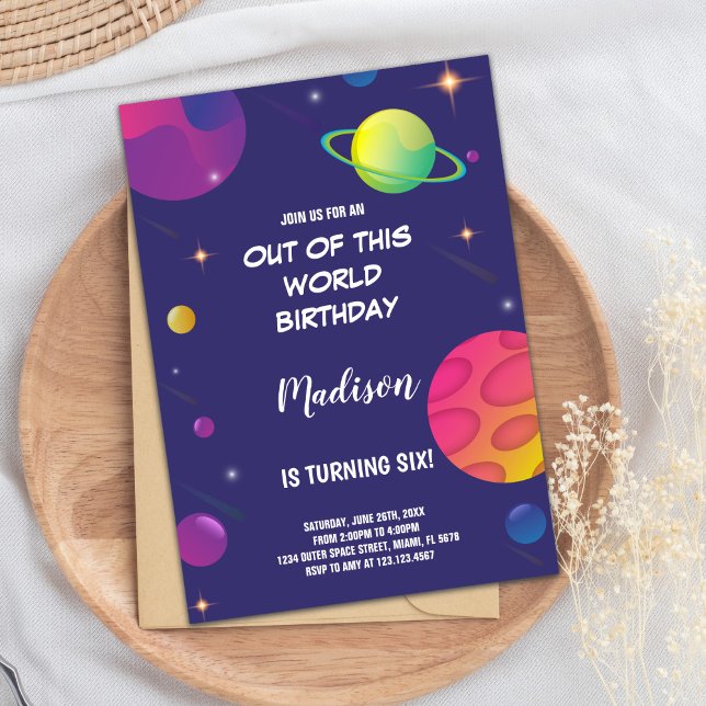 Editable Galaxy Party Cards with Rockets & Stars (Green Planet Outer Space Birthday Invitations)