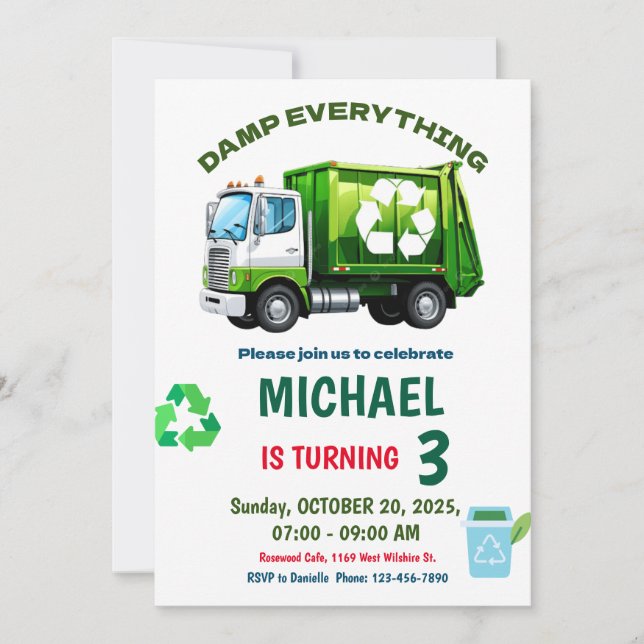 Editable Garbage Truck Birthday Party Invitation (Front)