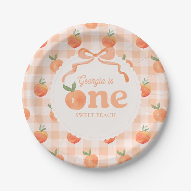 Editable Gingham Peach Paper Plates (Front)