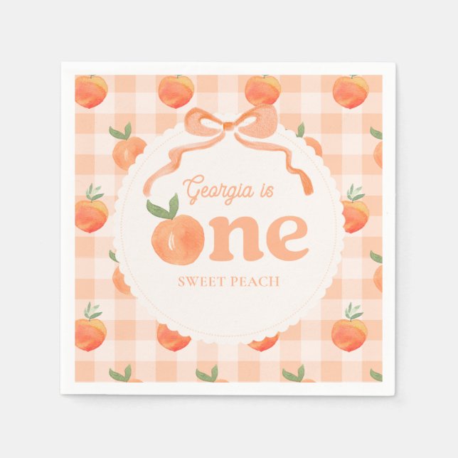 Editable Gingham Peach Party Napkins (Front)