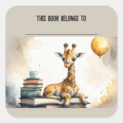 Editable Giraffe and Books Bookplate Sticker