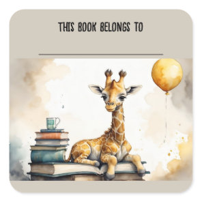 Editable Giraffe and Books Bookplate Sticker