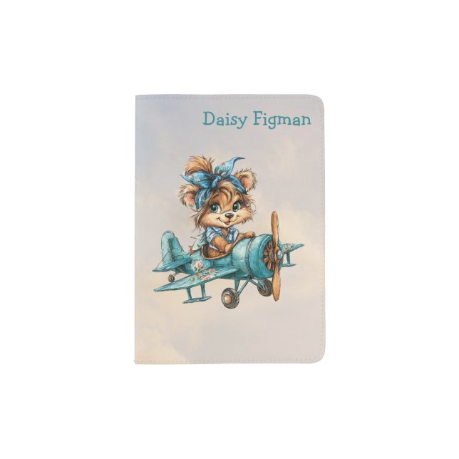 Editable Girl Kids Puppy in a Plane Name Passport Holder (Front)