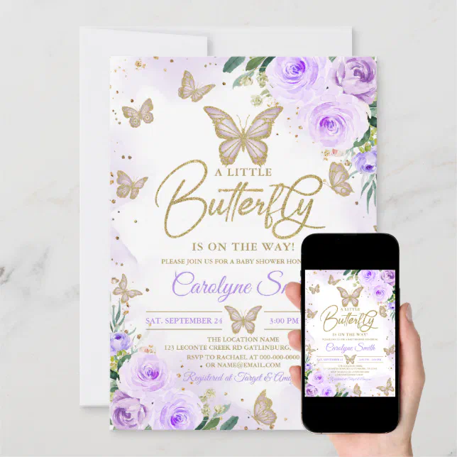 Editable Girl Purple Butterfly Baby Shower Invitation Zazzle