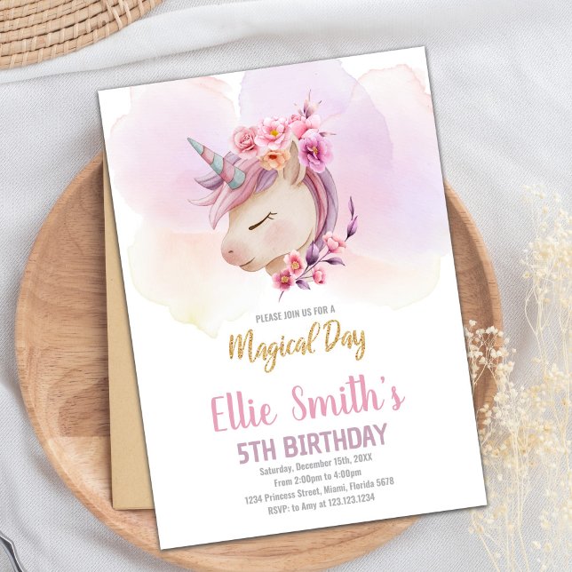 Editable Girl’s Magical Party Card with Gold Accen (Pink Floral Unicorn Birthday Invitations)