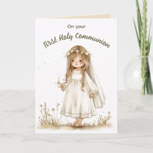 Editable Girl With Candle First Holy Communion Card