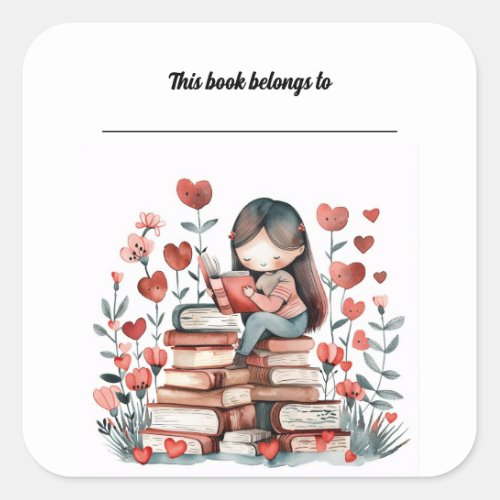 Editable Girl With Hearts and Stack of Books Square Sticker