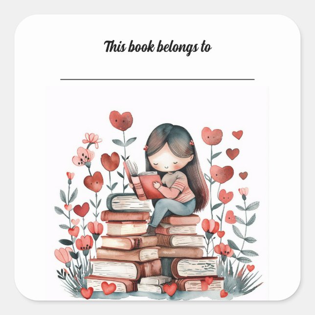 Editable Girl With Hearts and Stack of Books Square Sticker (Front)
