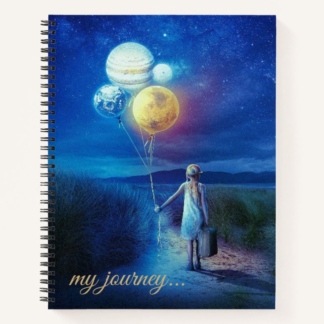 Editable Girl With Planet Balloons My Journey Notebook (Front)
