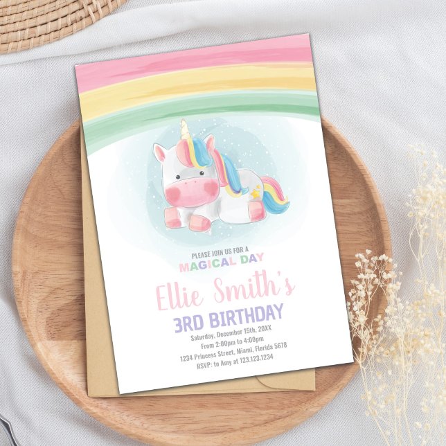 Editable Girls Fantasy Party Card with Rainbow (Watercolor Unicorn Cards)