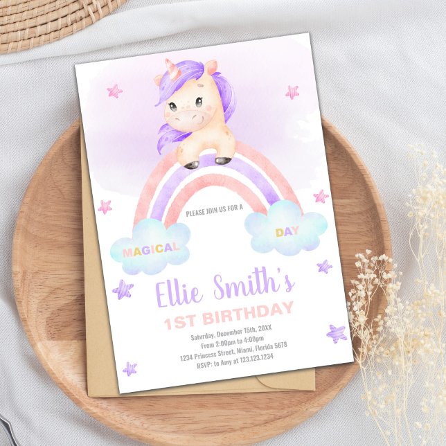 Editable Girls Fantasy Party Card with Sparkles (Purple Pink Rainbow Unicorn Invitations)