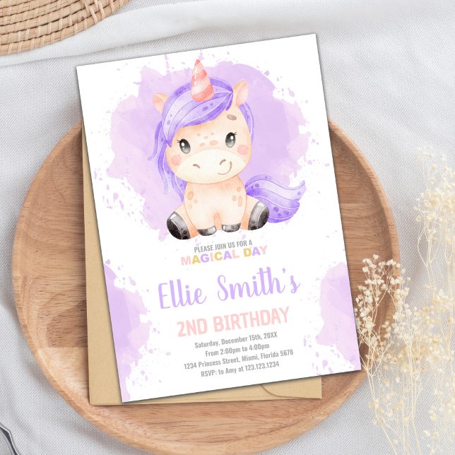 Editable Girls Fantasy Party Card with Stars (Purple Color Unicorn Birthday Invitations)