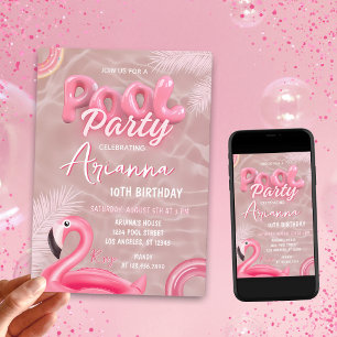 Editable Girls Pink Pool Party Birthday Invitation