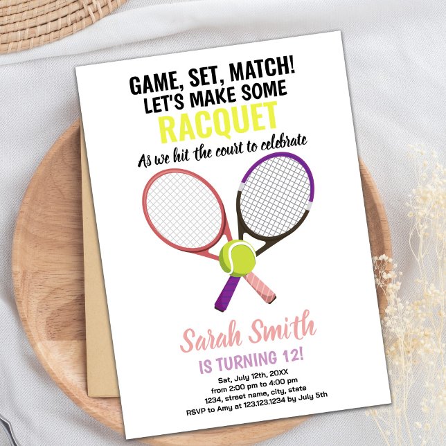 Editable Girls Sports Party Card with Racket (Pink Purple Tennis Birthday Invitations)