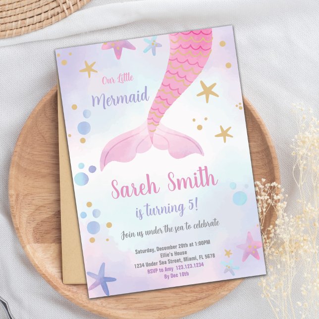 Editable Girls Under the Sea Party Card (Pink Mermaid Birthday Invitation)