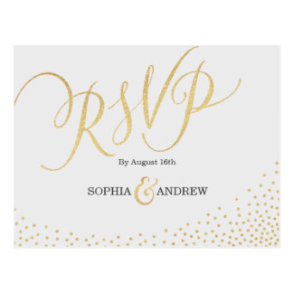 Editable glam faux gold glitter calligraphy RSVP Postcard